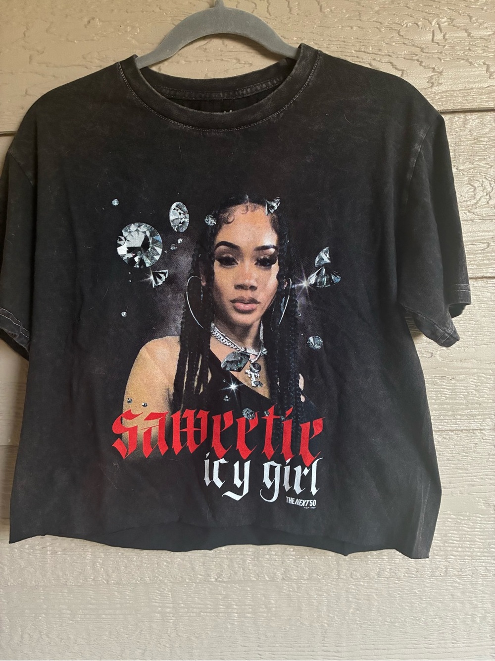 Legends x The Next 50 Saweetie Icy Girl Graphic Crop Tee Black Acid Wash Size M